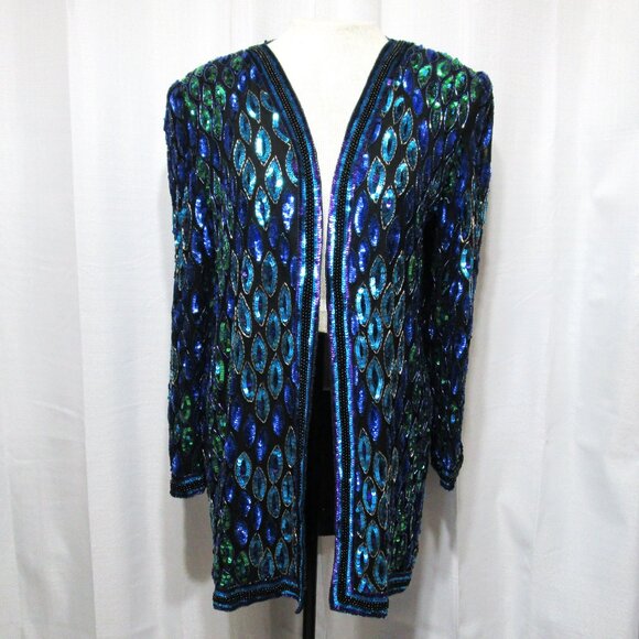 Vintage Sequin Embellished Peacock Jacket Art Deco Blue Green Purple - Picture 2 of 11
